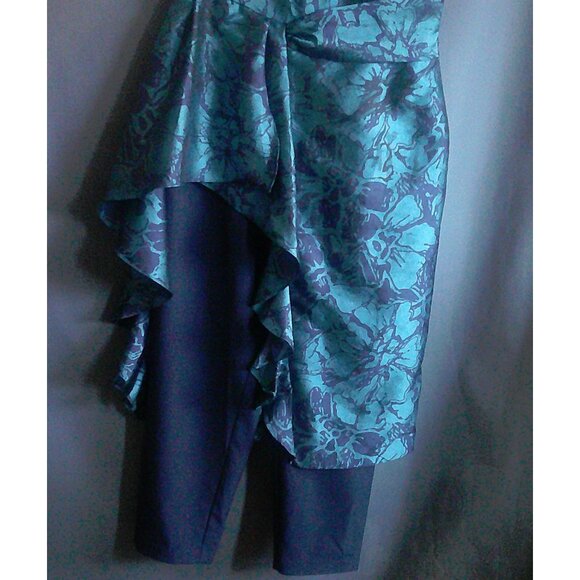 Kay Unger One Shoulder Navy Aqua Floral Walk Thru Jumpsuit Dress 14 - Picture 4 of 12